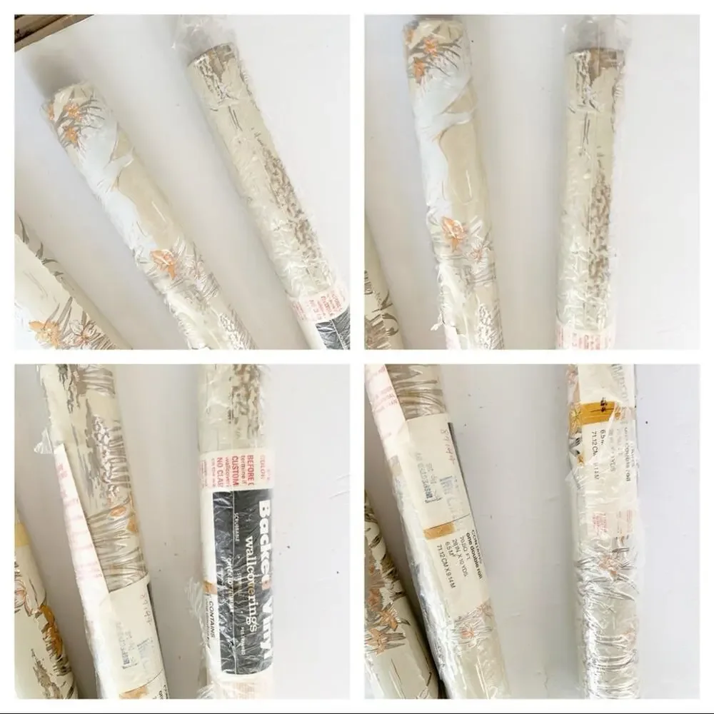 Vintage Beige Gold Crane Fabric Backed Vinyl Wallcovering SEALED x1